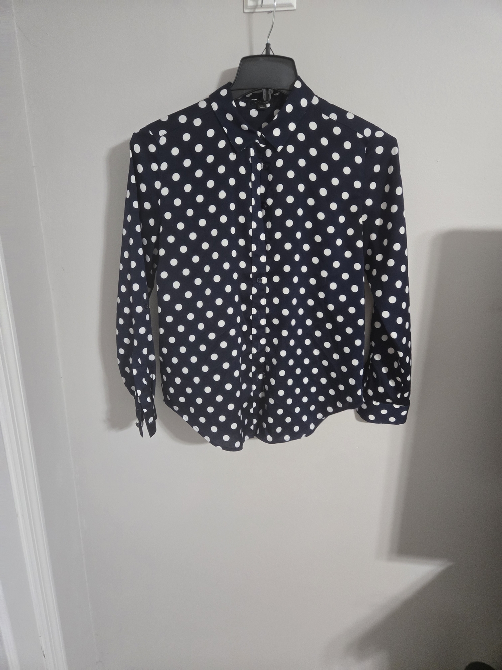 Ann Taylor Navy Blue Polka Dot Button-Up Blouse